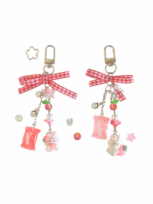 Ribbon Strawberry Bunny Charm Sweets Keychain