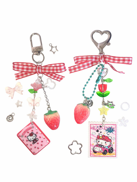 Kitty Strawberry Pendant Red Ribbon Keychains